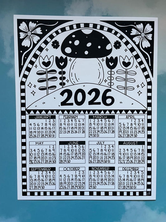 2026 One Page Calendar Mushroom Folk Art