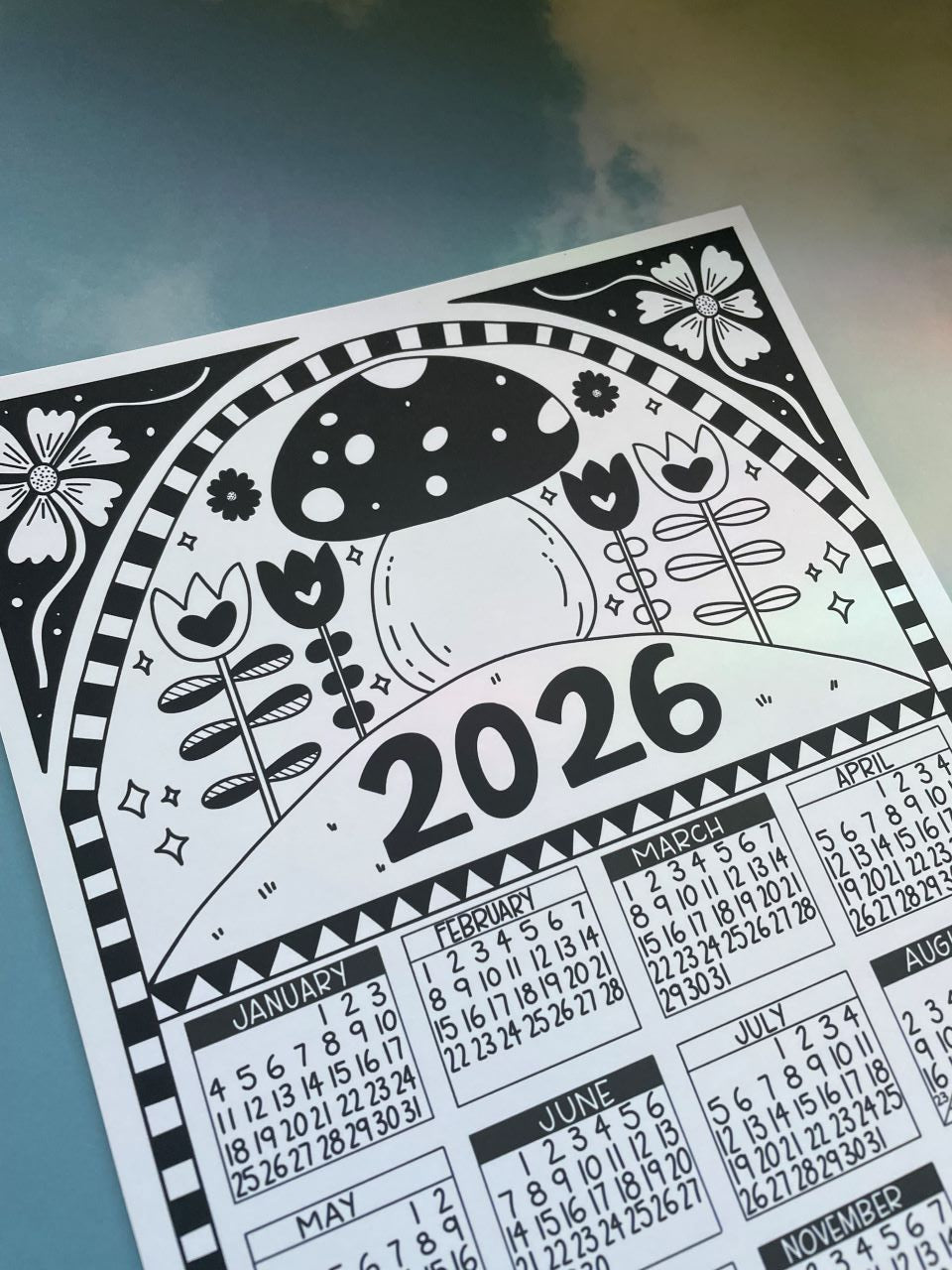 2026 One Page Calendar Mushroom Folk Art
