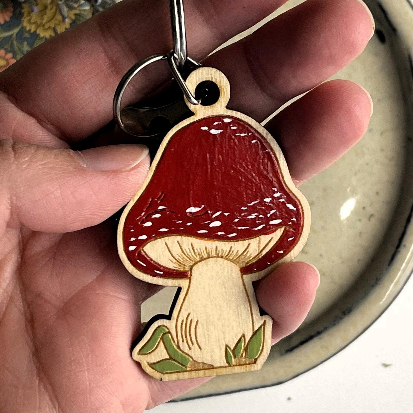 Wooden Keychain - Mushroom In Grass