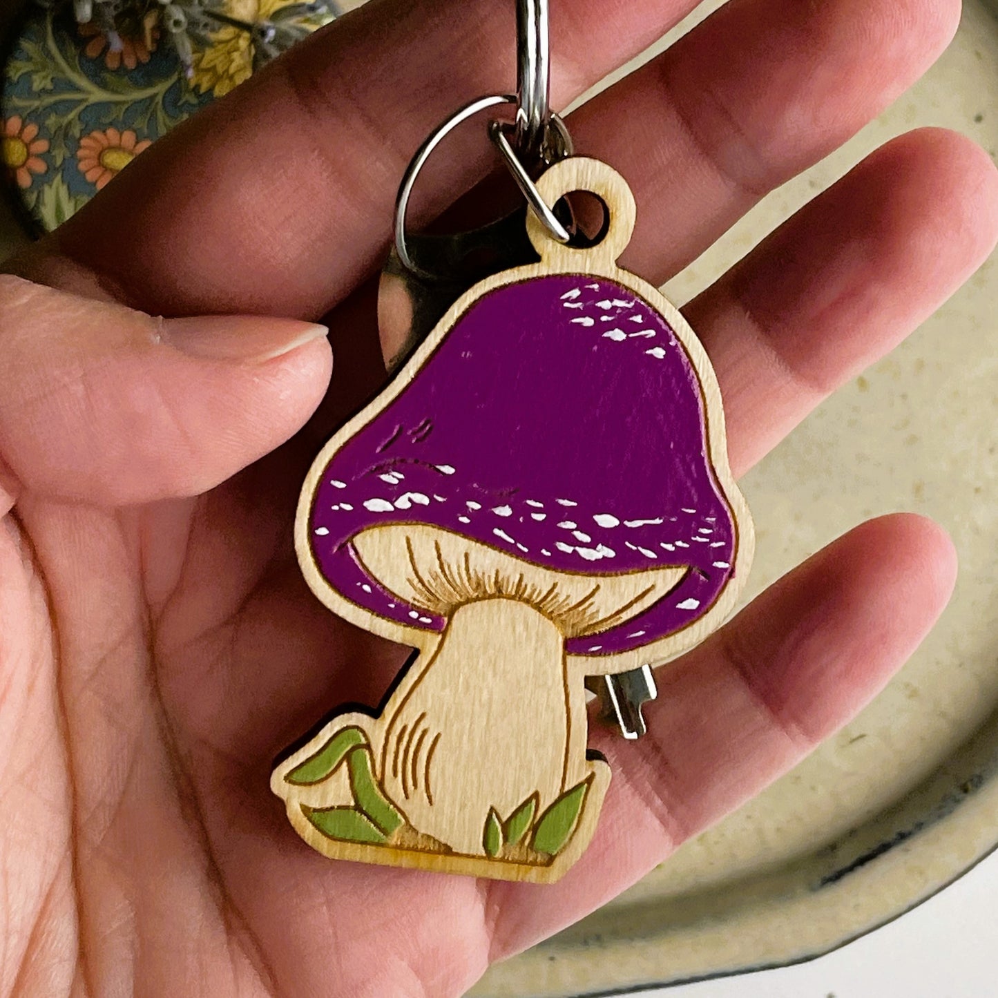 Wooden Keychain - Mushroom In Grass