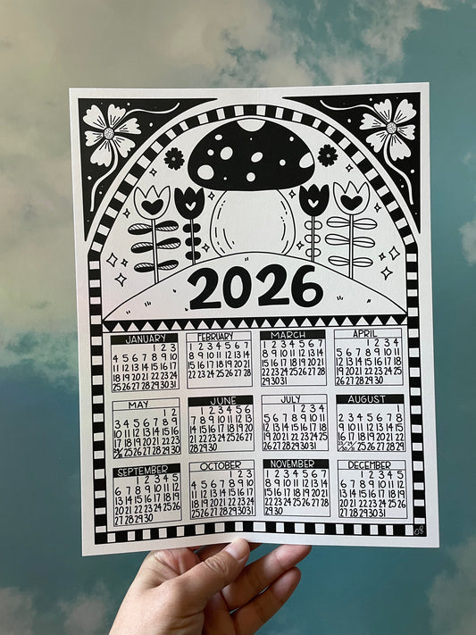 2026 One Page Calendar Mushroom Folk Art