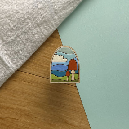 Wooden Pin- Stained Glass Mushie Hill